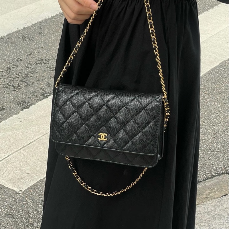 Chanel香奈兒CHANEL黑色黑金荔枝皮WOC鏈條包斜背包磁吸釦ClassicWalletOnChain AP0250-9
