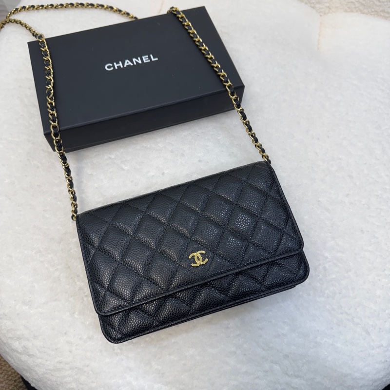 Chanel香奈兒CHANEL黑色黑金荔枝皮WOC鏈條包斜背包磁吸釦ClassicWalletOnChain AP0250-10