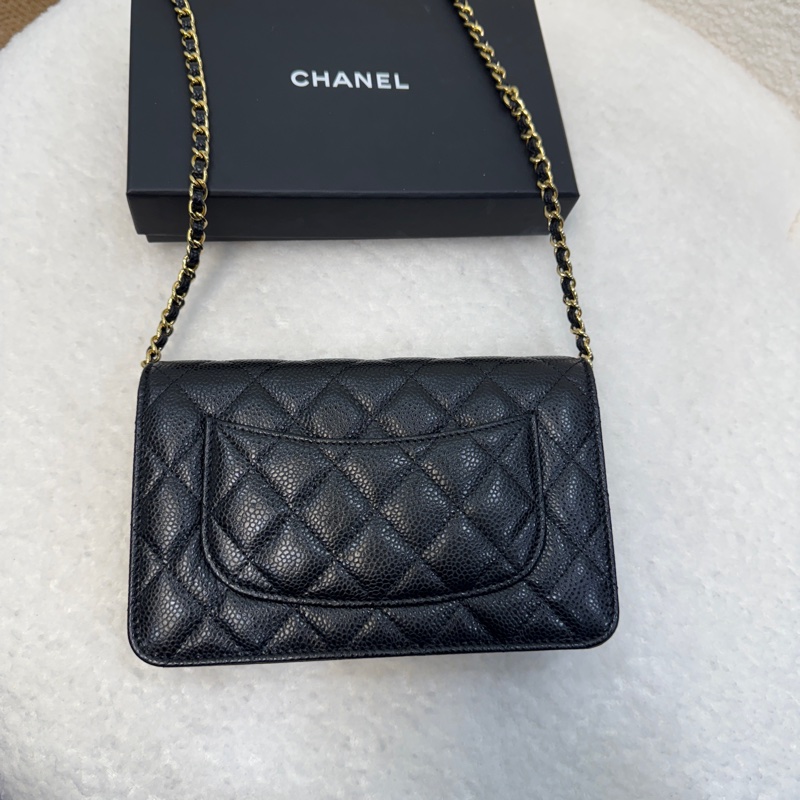 Chanel香奈兒CHANEL黑色黑金荔枝皮WOC鏈條包斜背包磁吸釦ClassicWalletOnChain AP0250-11