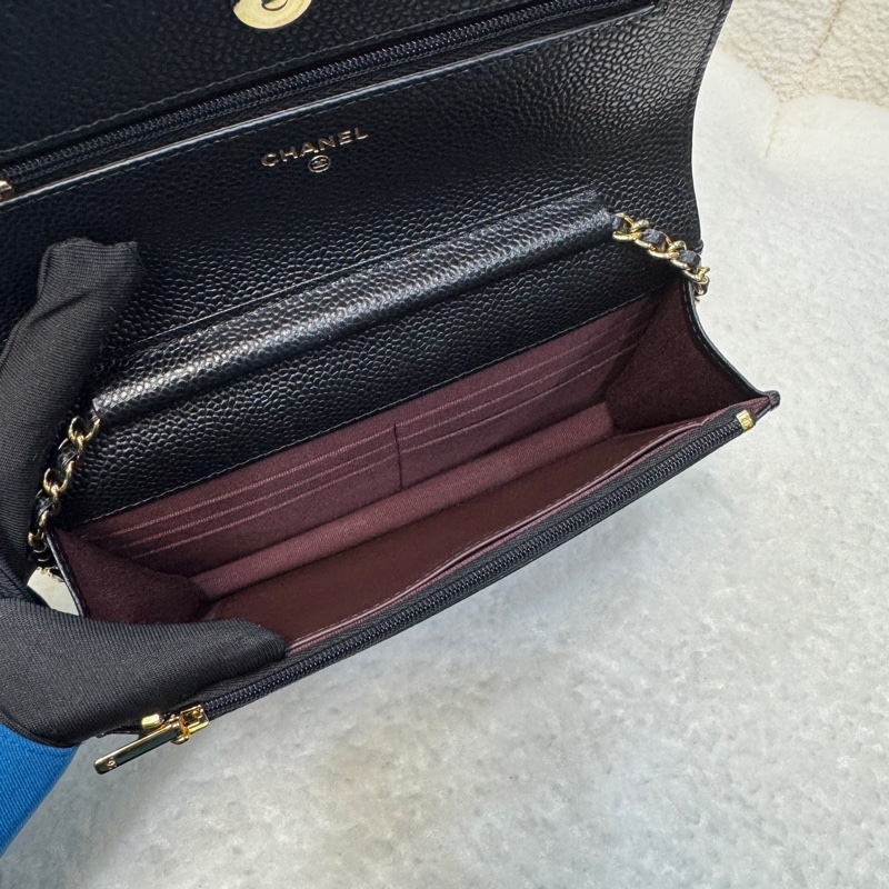 Chanel香奈兒CHANEL黑色黑金荔枝皮WOC鏈條包斜背包磁吸釦ClassicWalletOnChain AP0250-12