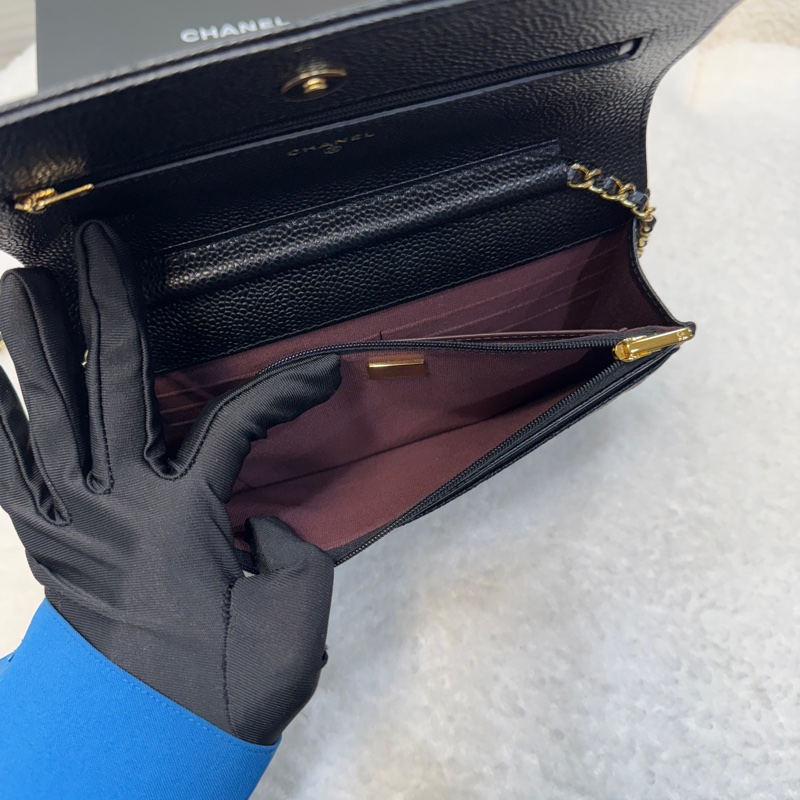 Chanel香奈兒CHANEL黑色黑金荔枝皮WOC鏈條包斜背包磁吸釦ClassicWalletOnChain AP0250-14