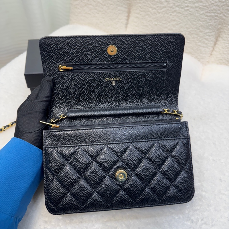 Chanel香奈兒CHANEL黑色黑金荔枝皮WOC鏈條包斜背包磁吸釦ClassicWalletOnChain AP0250-15