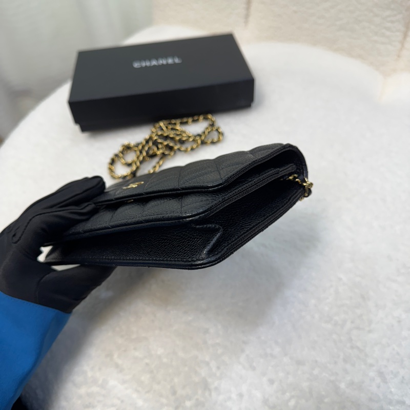 Chanel香奈兒CHANEL黑色黑金荔枝皮WOC鏈條包斜背包磁吸釦ClassicWalletOnChain AP0250-19