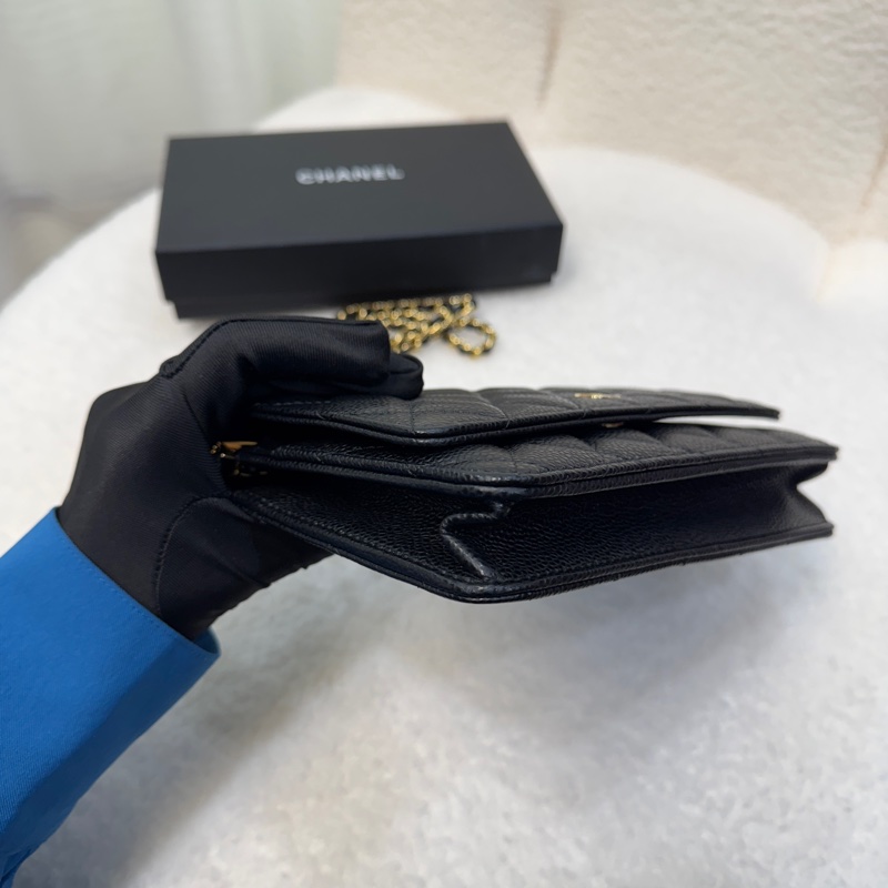 Chanel香奈兒CHANEL黑色黑金荔枝皮WOC鏈條包斜背包磁吸釦ClassicWalletOnChain AP0250-20