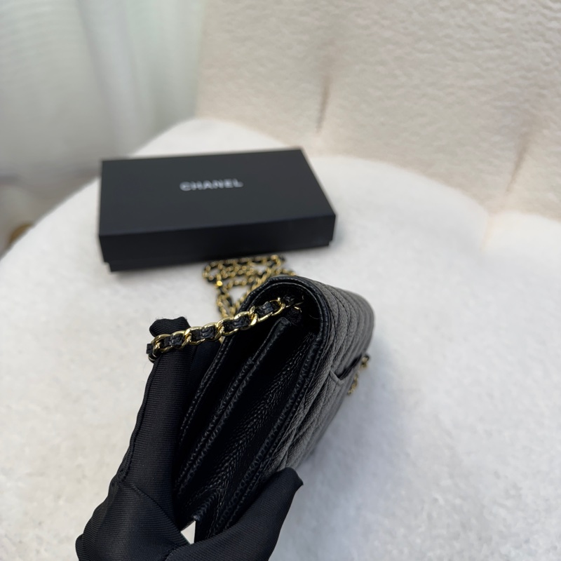 Chanel香奈兒CHANEL黑色黑金荔枝皮WOC鏈條包斜背包磁吸釦ClassicWalletOnChain AP0250-21
