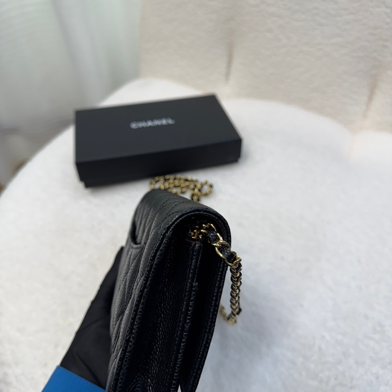 Chanel香奈兒CHANEL黑色黑金荔枝皮WOC鏈條包斜背包磁吸釦ClassicWalletOnChain AP0250-22