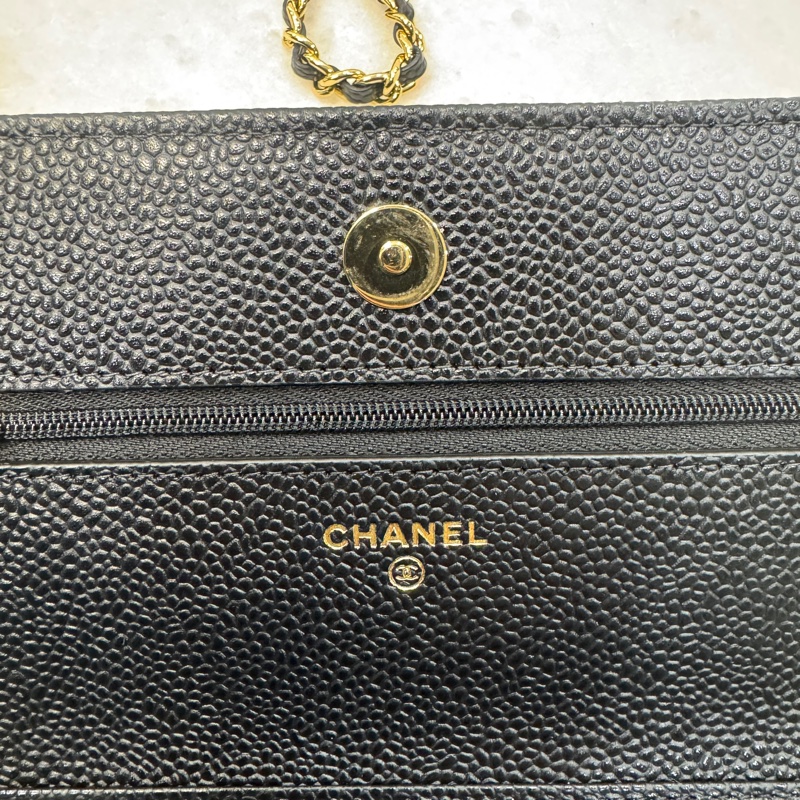 Chanel香奈兒CHANEL黑色黑金荔枝皮WOC鏈條包斜背包磁吸釦ClassicWalletOnChain AP0250-25