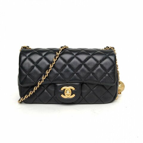 CHANEL CF口蓋包大Mini20黑色羊皮晶片開金扣金球調節扣肩帶肩背包