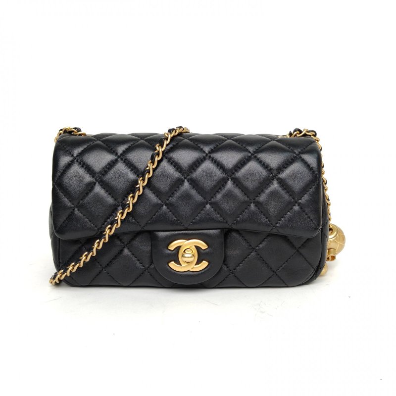 CHANEL CF口蓋包大Mini20黑色羊皮晶片開金扣金球調節扣肩帶肩背包-0