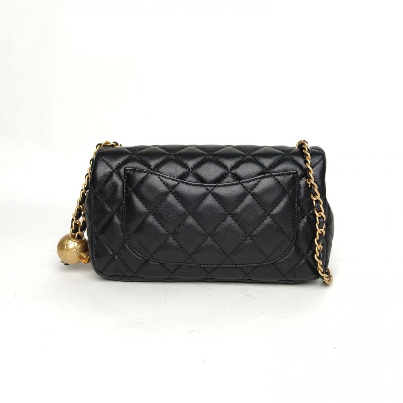 CHANEL CF口蓋包大Mini20黑色羊皮晶片開金扣金球調節扣肩帶肩背包-2