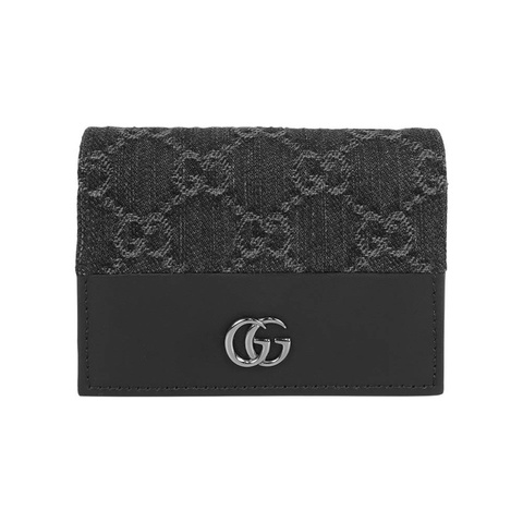 GG Marmont 牛仔布及皮革卡片小短夾(黑灰色)
