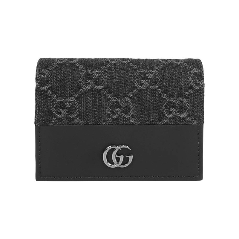 GG Marmont 牛仔布及皮革卡片小短夾(黑灰色)-0