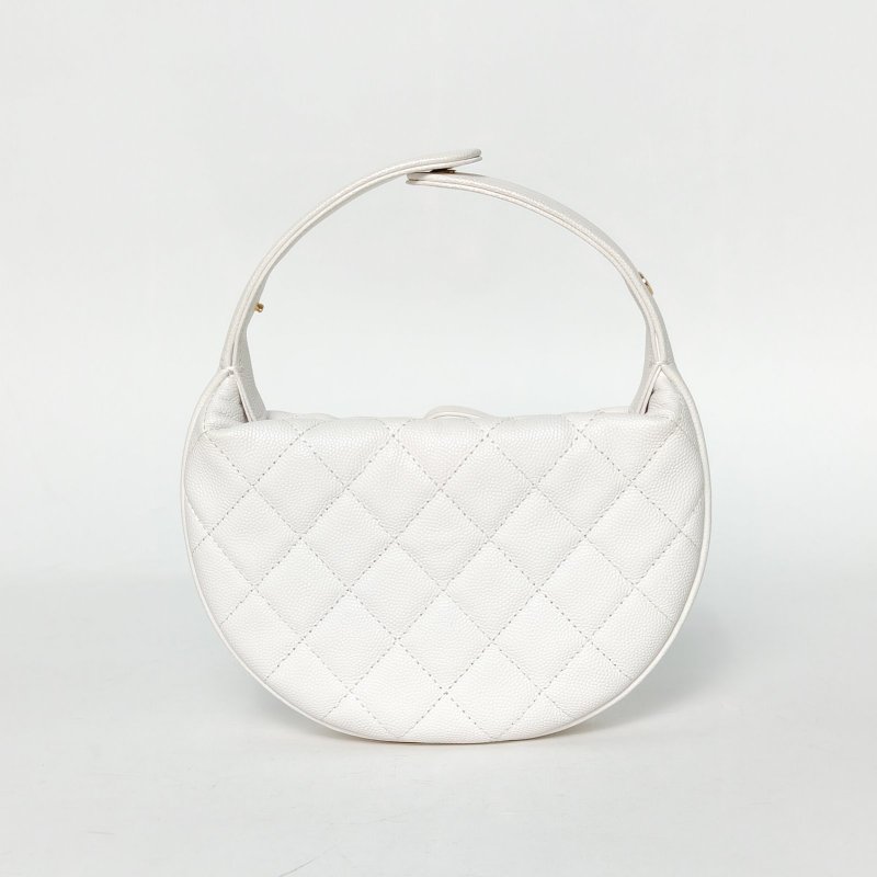 CHANEL 23B呼啦圈月牙包18荔枝牛皮鐳射標金扣前置口袋白色肩背包-2