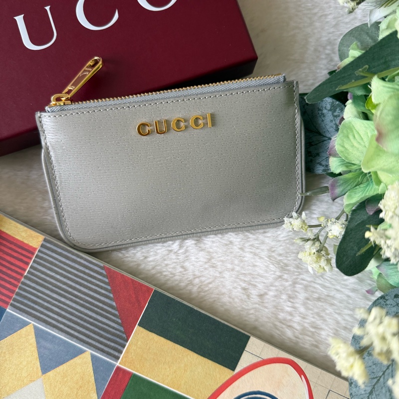 金色Logo 皮革拉鍊鑰匙包/零錢包(灰色)-0