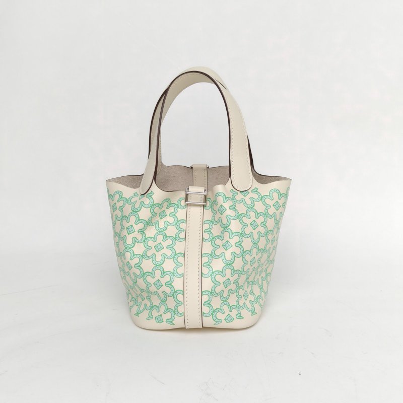 HERMES Picotin14菜籃子綠花I2奶油白Swift皮U刻銀扣肩背包-0