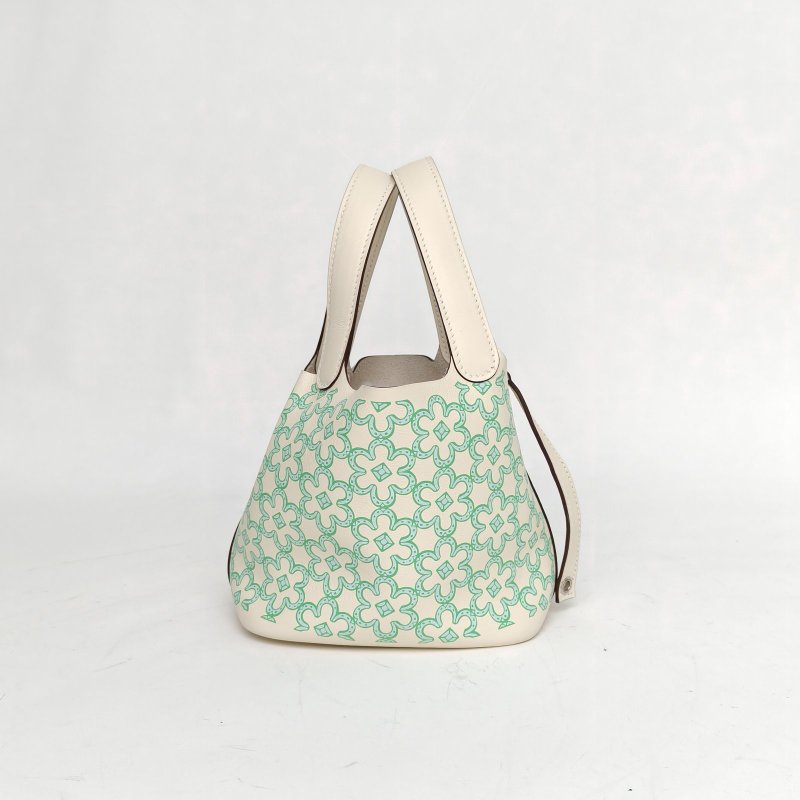 HERMES Picotin14菜籃子綠花I2奶油白Swift皮U刻銀扣肩背包-1