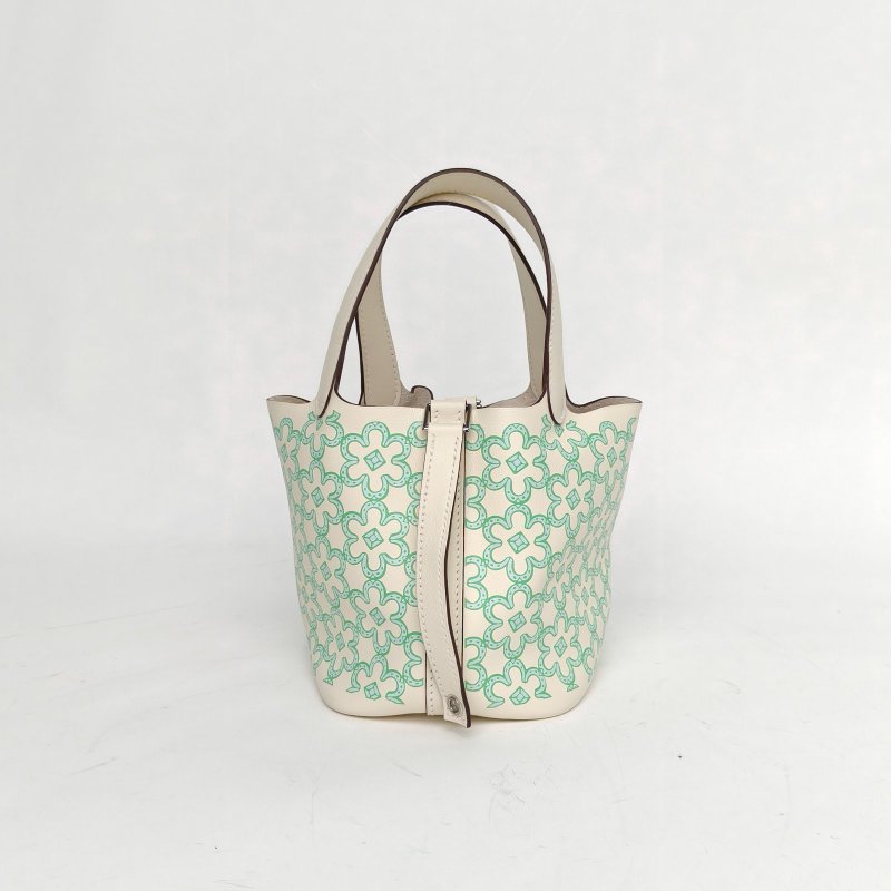 HERMES Picotin14菜籃子綠花I2奶油白Swift皮U刻銀扣肩背包-2