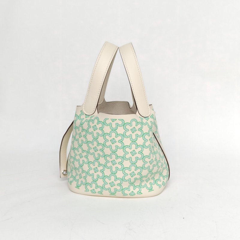 HERMES Picotin14菜籃子綠花I2奶油白Swift皮U刻銀扣肩背包-3