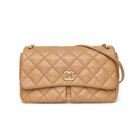 CHANEL 焦糖色牛皮14開金扣CF外縫雙口袋機場包肩背包