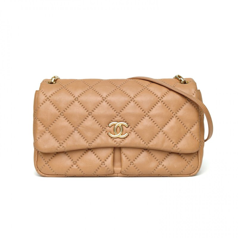 CHANEL 焦糖色牛皮14開金扣CF外縫雙口袋機場包肩背包-0