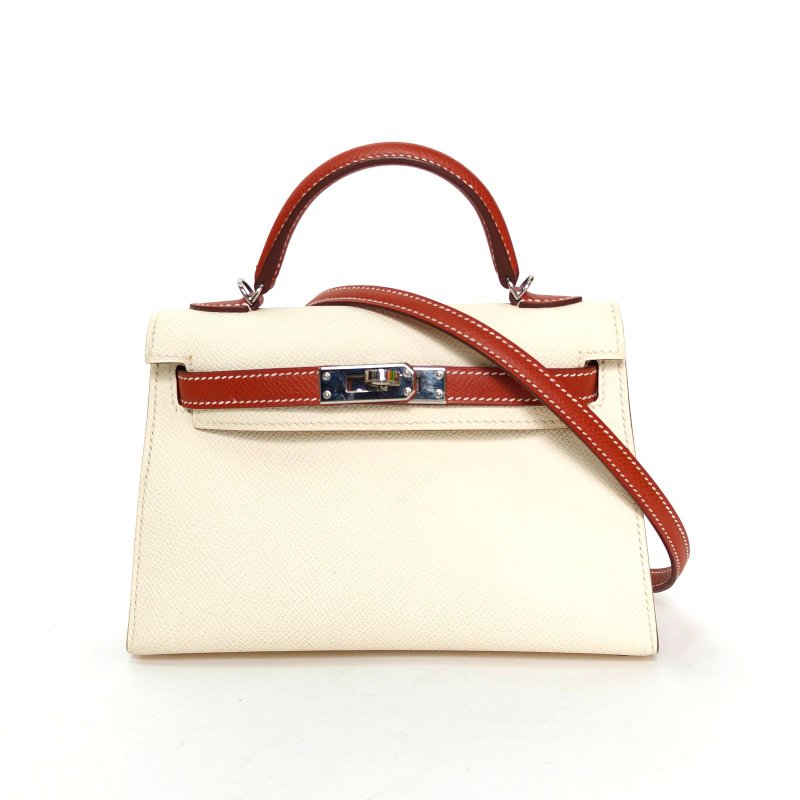 HERMES MiniKelly二代19I2奶油白拼36磚紅色Epsom皮Z刻銀扣肩背包-0