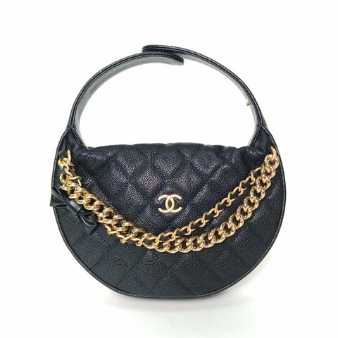 CHANEL 24S呼啦圈月牙包18黑色荔枝牛皮鐳射標金扣多鏈條掛飾肩背包