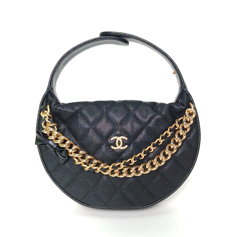 CHANEL 24S呼啦圈月牙包18黑色荔枝牛皮鐳射標金扣多鏈條掛飾肩背包-0