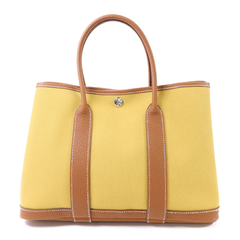 HERMES 帆布Garden Party TPM銀扣手挽袋Gold-0