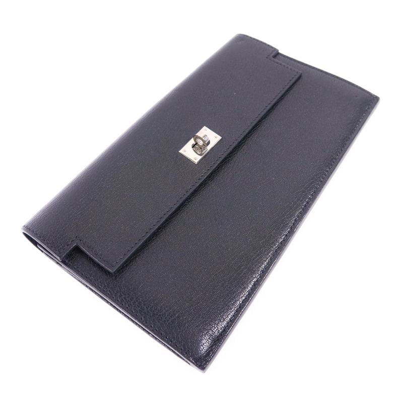 HERMES Chevre皮革Kelly Pocket Long Bifold Wallet銀扣長錢包Noir-2