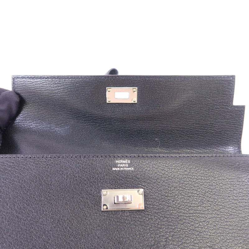 HERMES Chevre皮革Kelly Pocket Long Bifold Wallet銀扣長錢包Noir-5