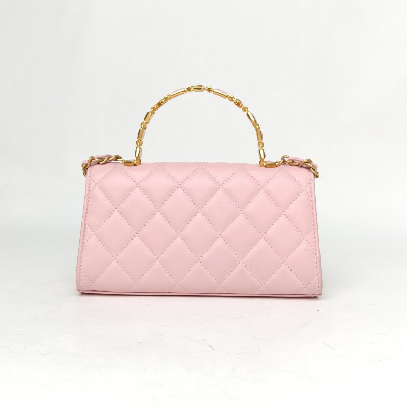 CHANEL 22B手柄Kelly包18粉色羊皮鐳射標金扣幾何琺瑯金屬手柄肩背包-2