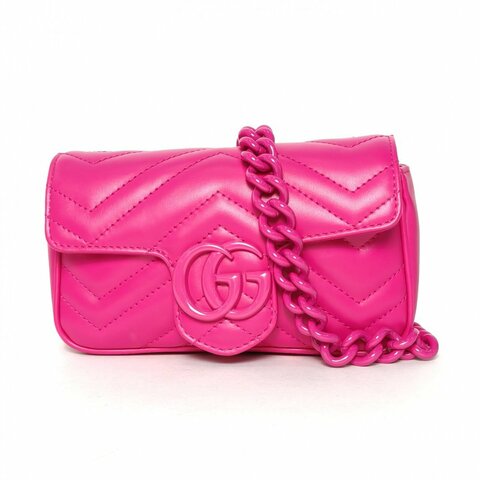 GUCCI GGMarmont肩背包超Mini16.5單色陶瓷雙G飾面樹脂鏈條肩帶玫紅牛皮粉扣肩背包