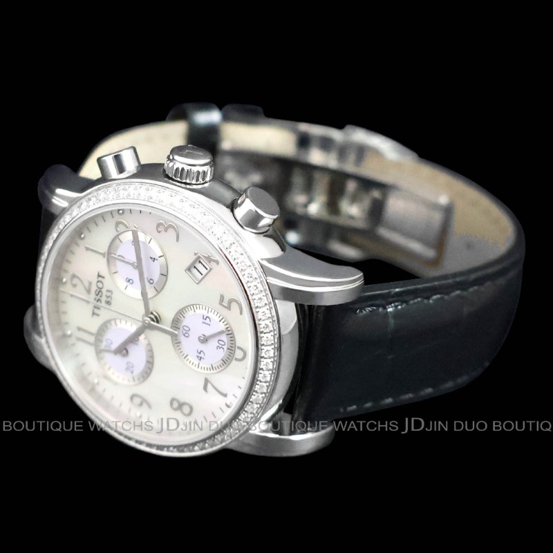 金鐸精品~2495 TISSOT 天梭 Dressport三眼計時珍珠母貝面盤35mm石英女用鑽錶-3