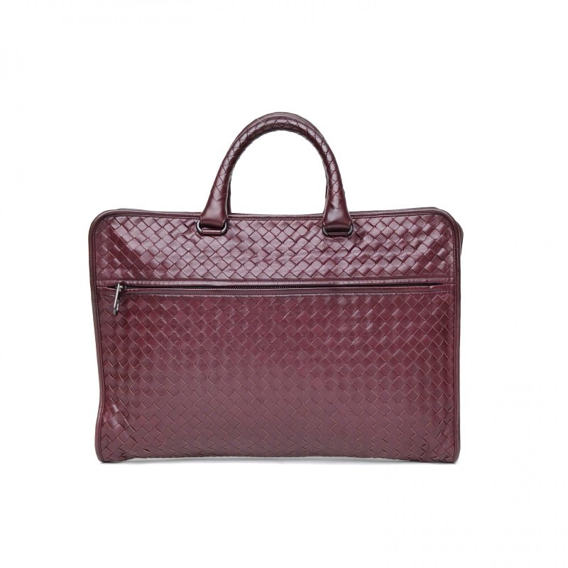BOTTEGA VENETA 酒紅色牛皮編織手提公事包肩背包-0