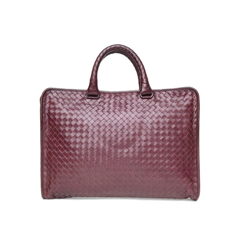 BOTTEGA VENETA 酒紅色牛皮編織手提公事包肩背包-2