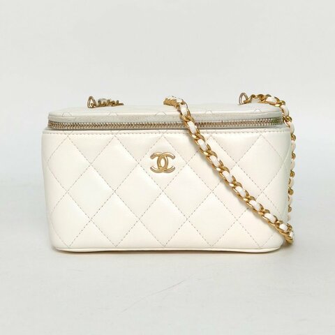 CHANEL 長盒子化妝包帶鏡子16.5白色羊皮鐳射標金扣金球調節扣肩帶肩背包
