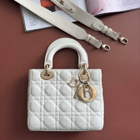 ::Christian Dior:: Lady Dior My ABCDior 白色羊皮5x4藤格紋淡金釦手提斜背黛妃包