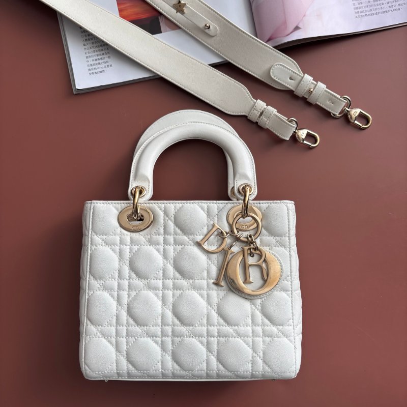 ::Christian Dior:: Lady Dior My ABCDior 白色羊皮5x4藤格紋淡金釦手提斜背黛妃包-0