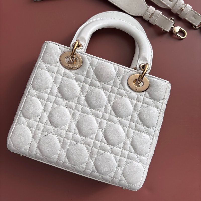 ::Christian Dior:: Lady Dior My ABCDior 白色羊皮5x4藤格紋淡金釦手提斜背黛妃包-1