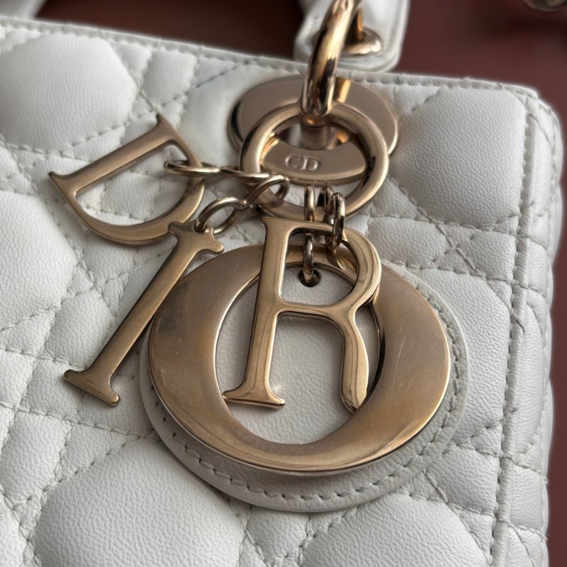 ::Christian Dior:: Lady Dior My ABCDior 白色羊皮5x4藤格紋淡金釦手提斜背黛妃包-2