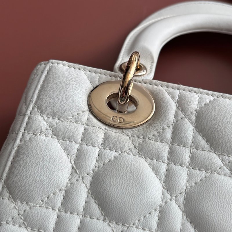::Christian Dior:: Lady Dior My ABCDior 白色羊皮5x4藤格紋淡金釦手提斜背黛妃包-3