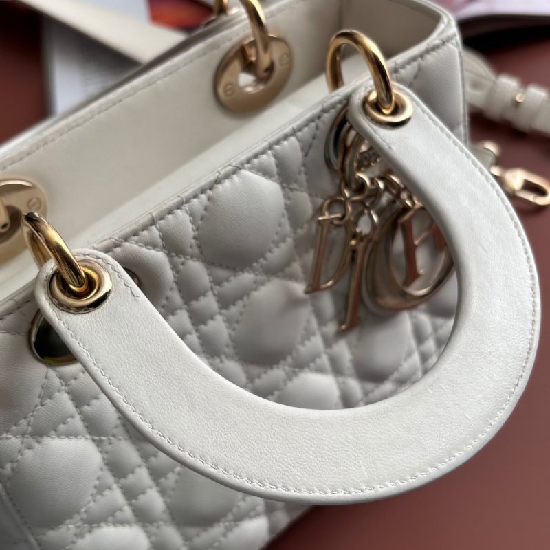 ::Christian Dior:: Lady Dior My ABCDior 白色羊皮5x4藤格紋淡金釦手提斜背黛妃包-6