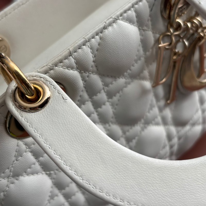 ::Christian Dior:: Lady Dior My ABCDior 白色羊皮5x4藤格紋淡金釦手提斜背黛妃包-8