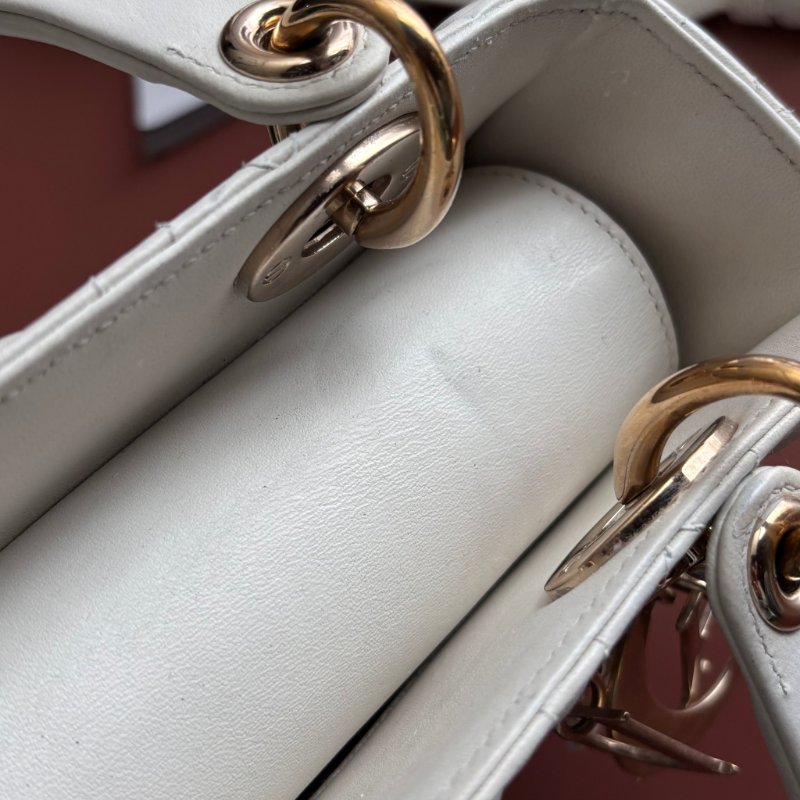 ::Christian Dior:: Lady Dior My ABCDior 白色羊皮5x4藤格紋淡金釦手提斜背黛妃包-9