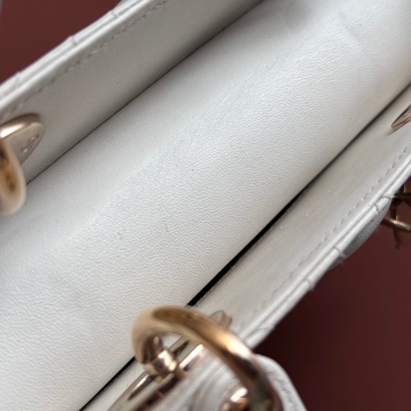 ::Christian Dior:: Lady Dior My ABCDior 白色羊皮5x4藤格紋淡金釦手提斜背黛妃包-10