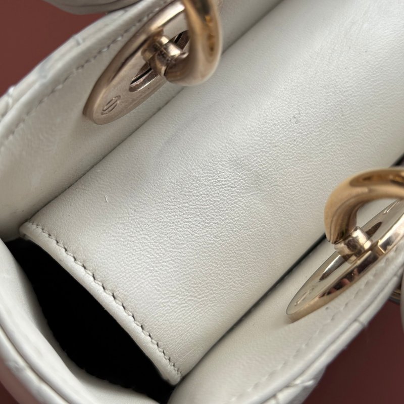 ::Christian Dior:: Lady Dior My ABCDior 白色羊皮5x4藤格紋淡金釦手提斜背黛妃包-11