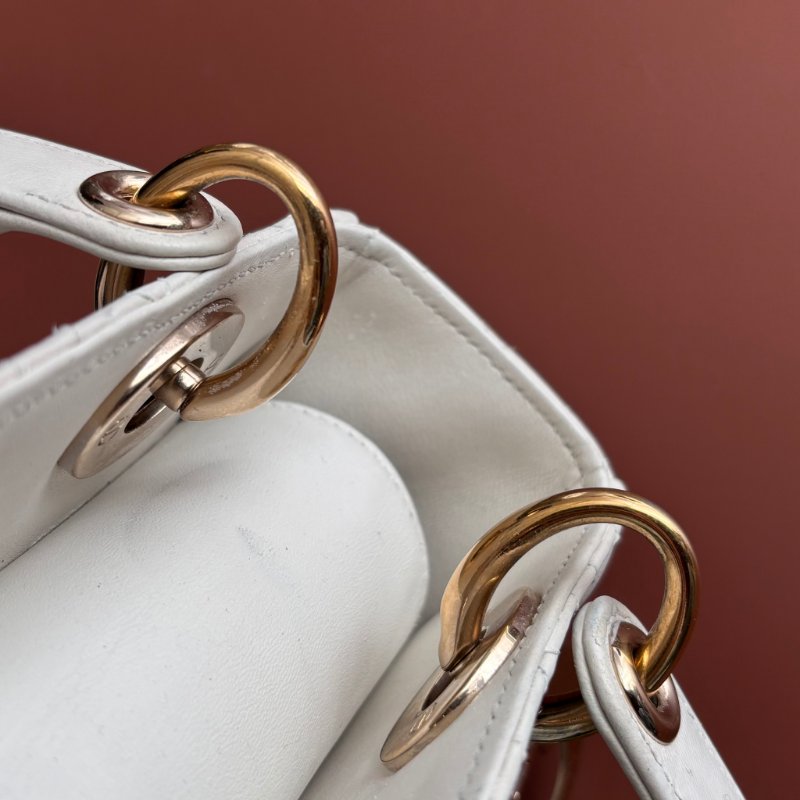 ::Christian Dior:: Lady Dior My ABCDior 白色羊皮5x4藤格紋淡金釦手提斜背黛妃包-12