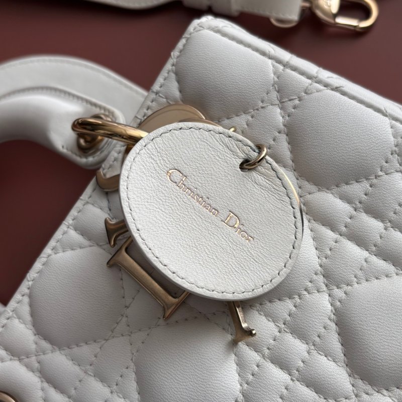 ::Christian Dior:: Lady Dior My ABCDior 白色羊皮5x4藤格紋淡金釦手提斜背黛妃包-28