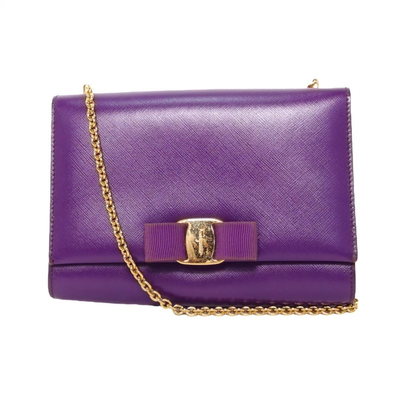 FERRAGAMO 紫色牛皮蝴蝶結鏈條包肩背包-0