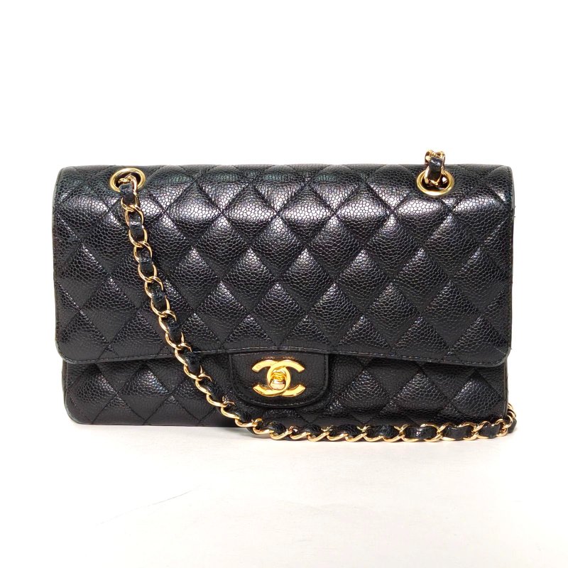 CHANEL CF口蓋包中號25.5黑色荔枝牛皮12開金扣肩背包-0